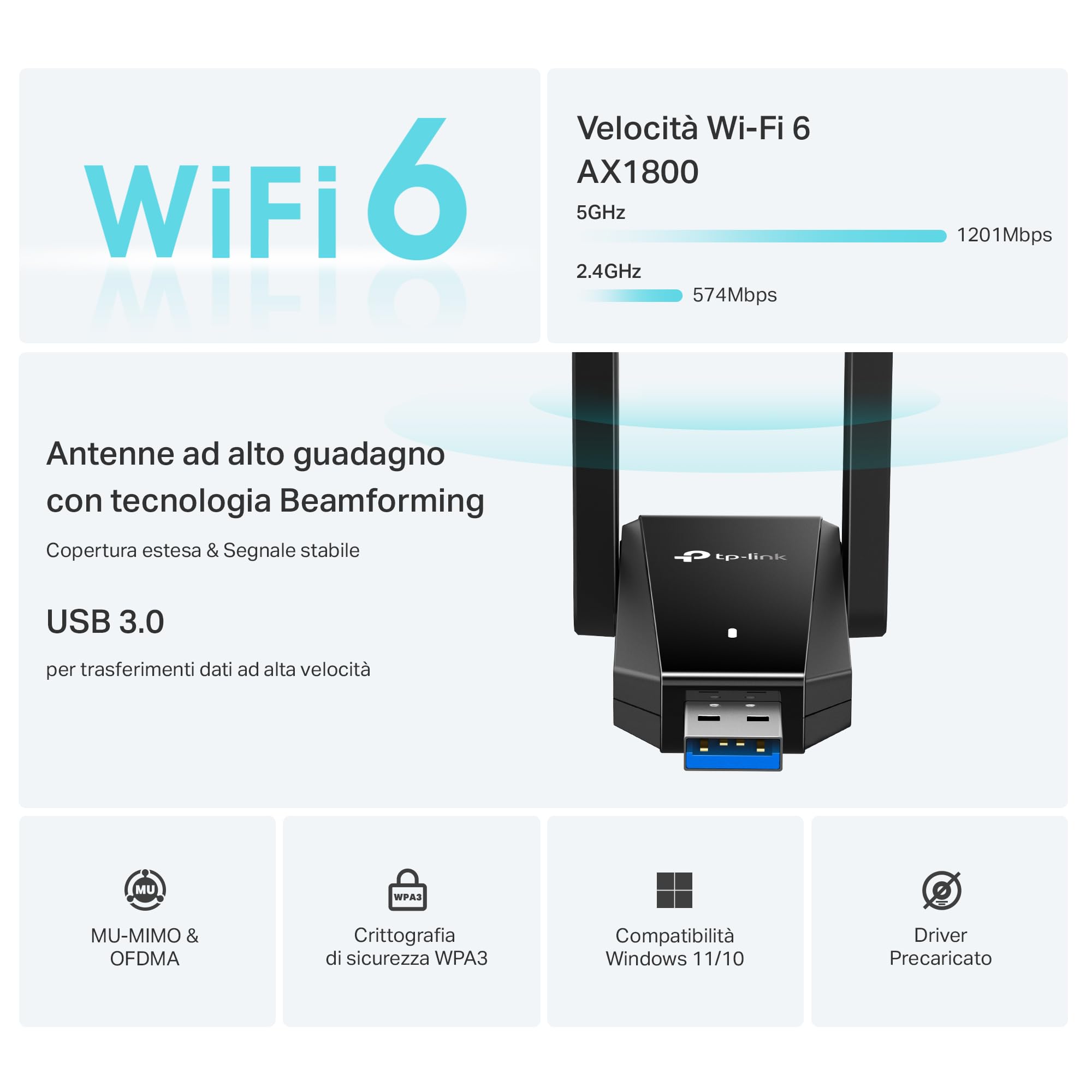 TP-Link Archer TX30U Plus WiFi 6 WiFi USB 3.0 AX1800Mbps, 2 Antenne ad Alto Guadagno Multi-Direzionale, Wireless Dual Band 5GHz 1201 Mbps+ 2.4GHz 574 Mbps, Supporta Windows 11/10, MU-MIMO, OFDMA