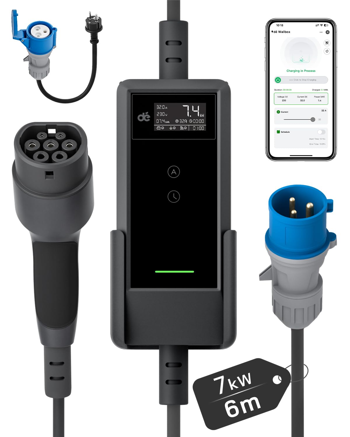 dé Chargeur Voiture Electrique 7kW APP [6m, 1-​Phase, 6A-​32A] Chargeur Voiture Electrique Type 2 P17 avec Puissance Réglable à Distance, Compatible avec R5, Scenic, Model Y, E-​208 et Autres EV/​PHEV