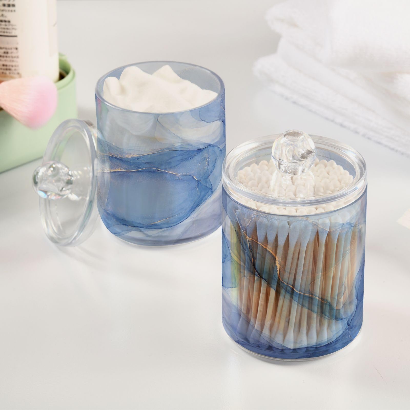 Qtip Halter Spender Blau Marmor Badezimmer Aufbewahrungsbehälter Deckel Acryl Kunststoff Apotheker Glas Set Schminktisch Make-up Organizer für Wattestäbchen/Pads/Zahnseide