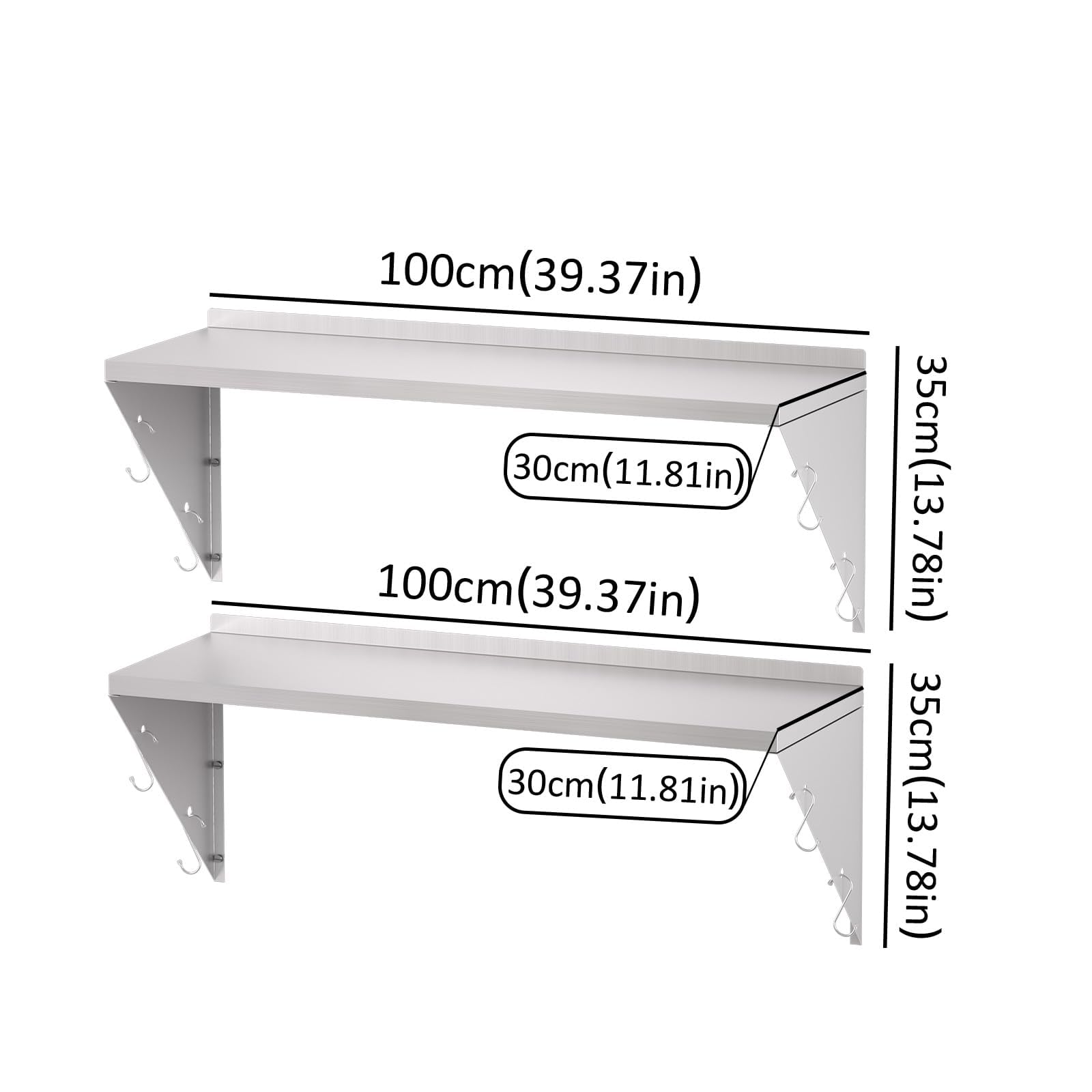 TAIMIKO Lot de 2 étagères murales en acier inoxydable pour cuisine 100 x 30 cm