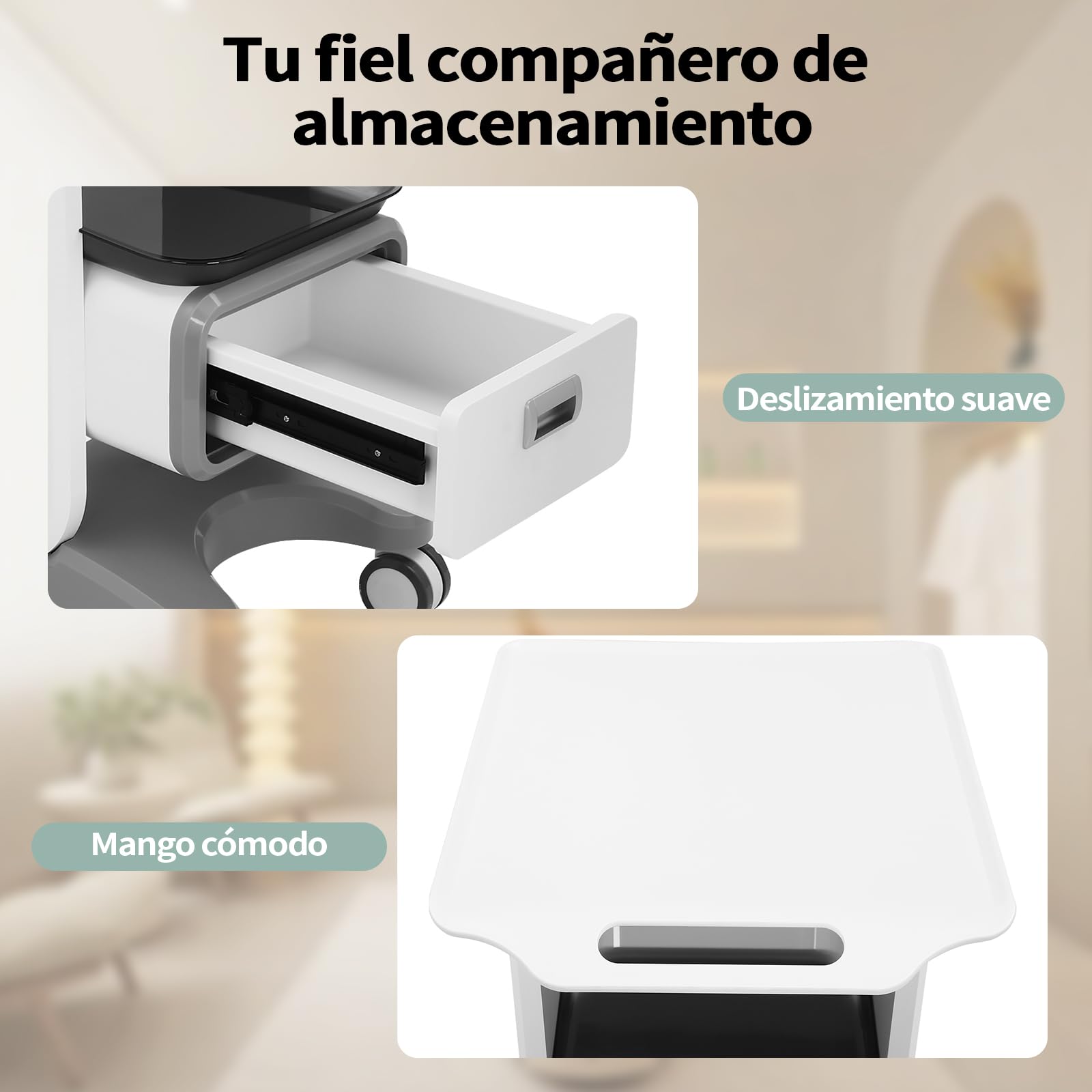 Carros de Laboratorio de 2 Niveles Carro Médico con 1 Cajón, 1 Bandeja Superior y 4 Ruedas Silenciosas Carro Médico Móvil con Material ABS para Laboratorio, Clínica, Hospital, Blanco