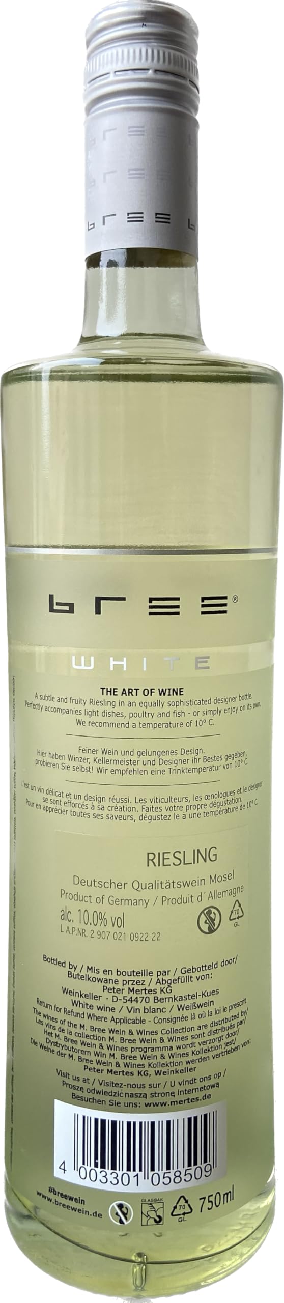 Bree Riesling Qualitätswein Weißwein feinherb - Besonderes Flaschendesign, Aromen von Pfirsich und Quitte, feiner Mineralik, aus Deutschland, 6 x 0.75 L