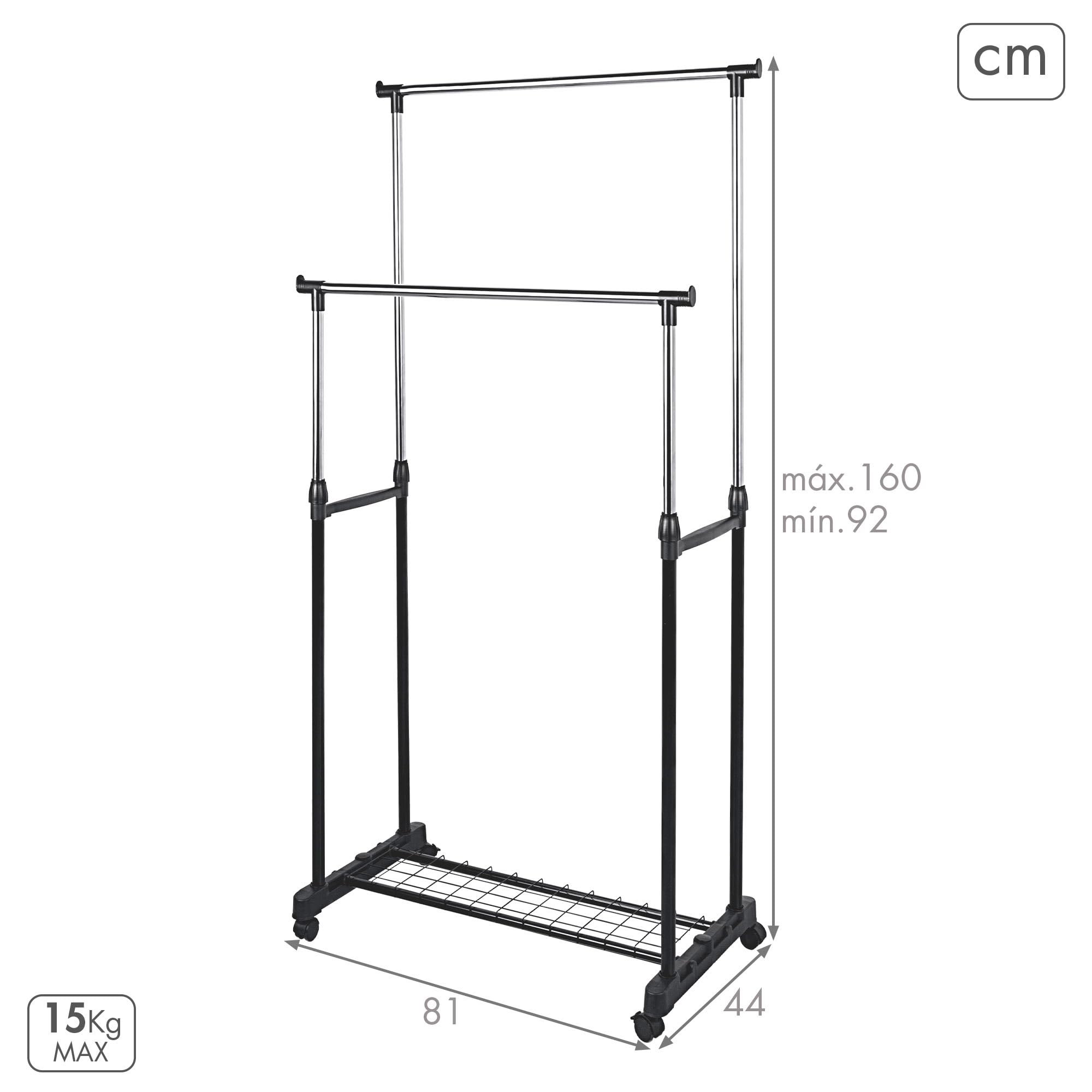 AKTIVE MAX Home Perchero de Ropa Altura Ajustable, 81x44x160 cm, Peso máximo soportado X, con balda para Zapatos, con Ruedas, Doble Barra, Moderno, Negro y Acero, Minimalista (18805)