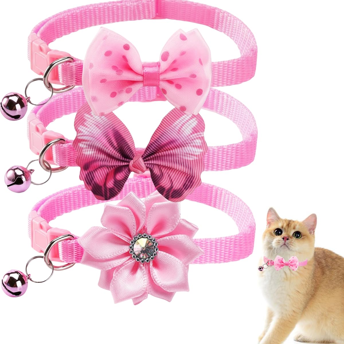 3 Pcs Small Puppy Collars with Bell Cute Cat Collar with Bow Tie Butterfly Adjustable for XXS XS Kitten Dogs Pets 7-12 Inch Neck (Pink)