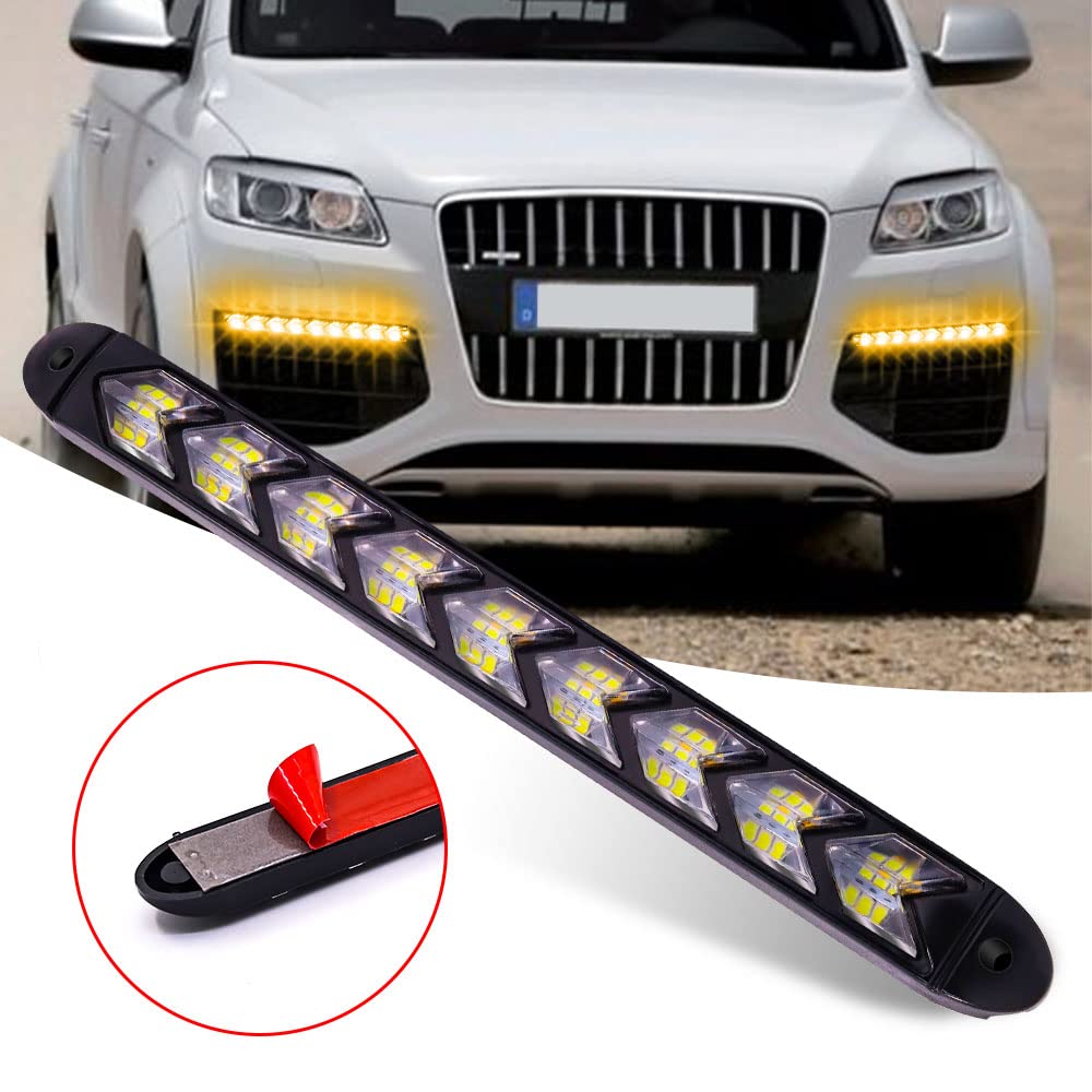 Biqing 2PCS 12V LED Feux de Jour, 9 Fèches LED Clignotant Clignotant Bicolore Ambre Blanc Voiture Bande Lumières Phare DRL