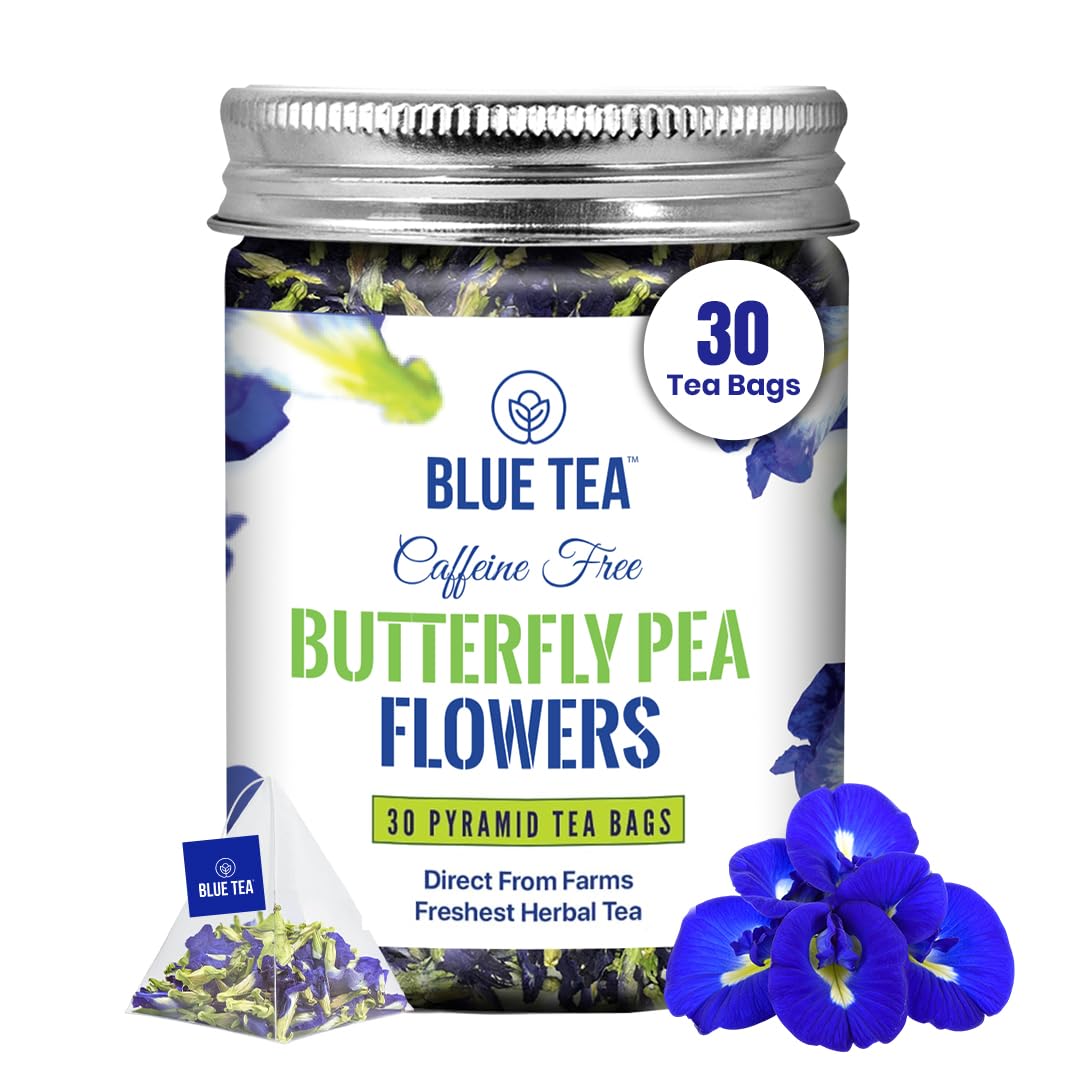 BLUE TEA - Butterfly Pea Flower - 30 Pyramid Tea Bags | NATURAL COLORING for FOOD, Iced Tea, Cooler, Cocktails , Mocktails | Clitoria Flower or Blue Pea Flower Herbal Tea - Tisane