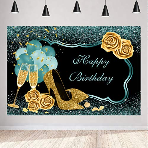 Aperturee 5x3ft Green Gold Happy Birthday Backdrop Rose Shiny Sequin Champagne Golden High Heels Glasses Photography Background Glitter Bday Adult Women Girls Party Banner Photo Booth Studio Props