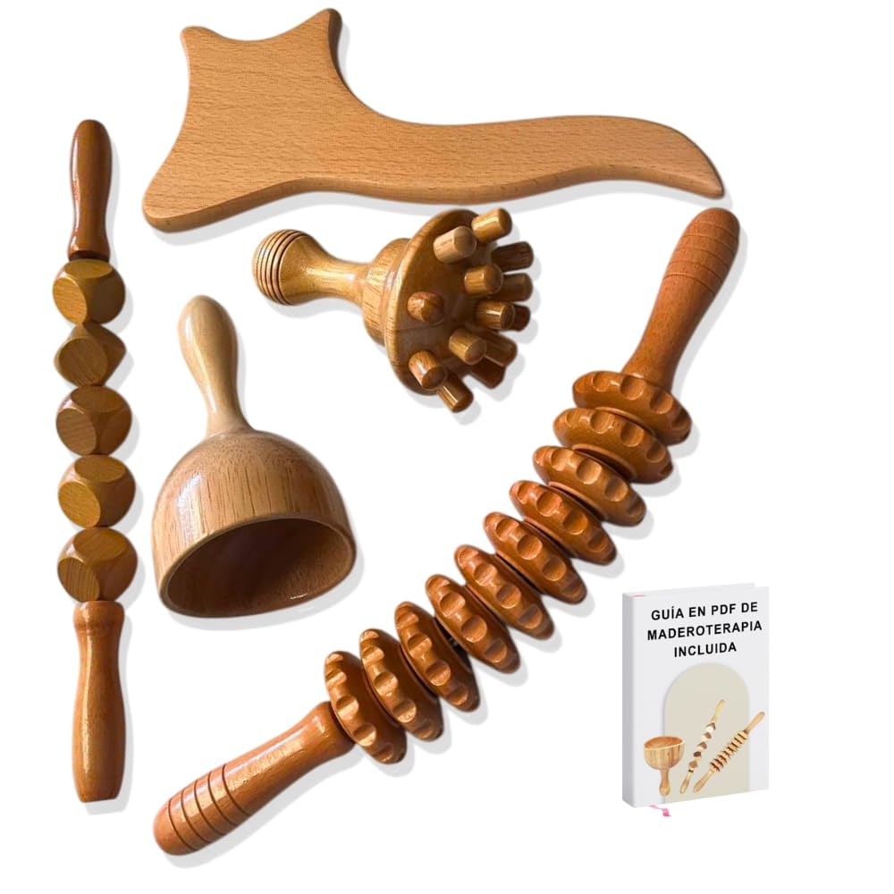 Pack de Maderoterapia Corporal Profesional para Masajes Relajantes y Celulitis con Instrucciones Qr – Compuesto por Tabla Moldeadora, 2 Rodillos, Champiñón y Copa.