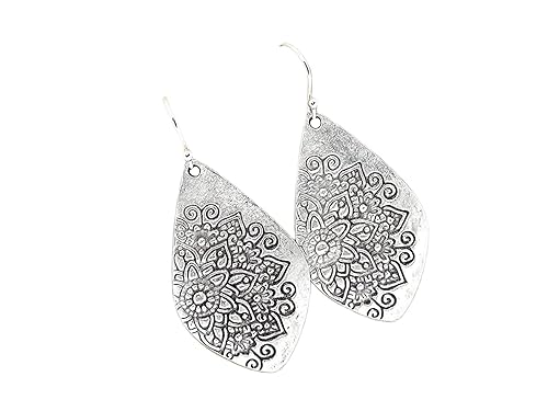 Floral Stamp Distressed Teardrops on Sterling Silver Earrings Handmade Boho Women