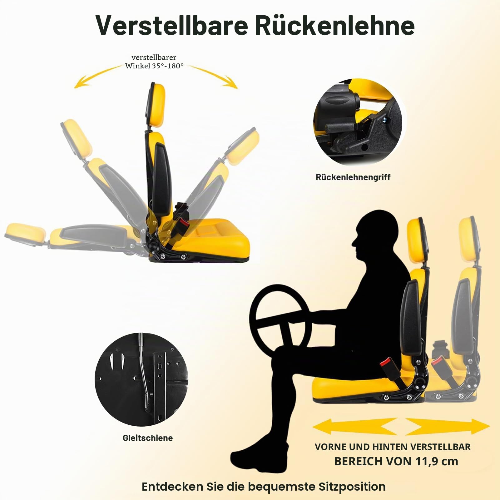 Universaler Traktorsitz mit verstellbarer Rückenlehne und Kopfstütze, gelber Gabelstaplersitz mit Armlehne und Sicherheitsgurt