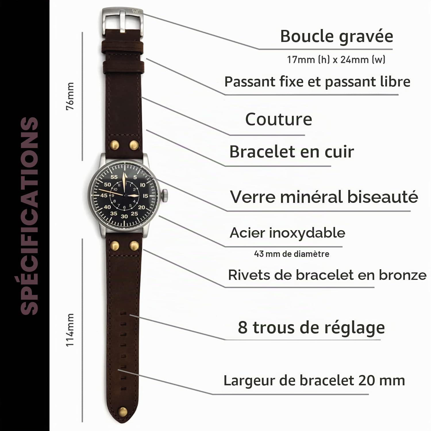 Montre Militaire Seconde Guerre Mondiale – Pilote Luftwaffe – Machine Suisse, boîte en Acier, Aiguilles Haute luminosité et Bracelet en Cuir – 10ATM – édition limitée numérotée de 500 unités
