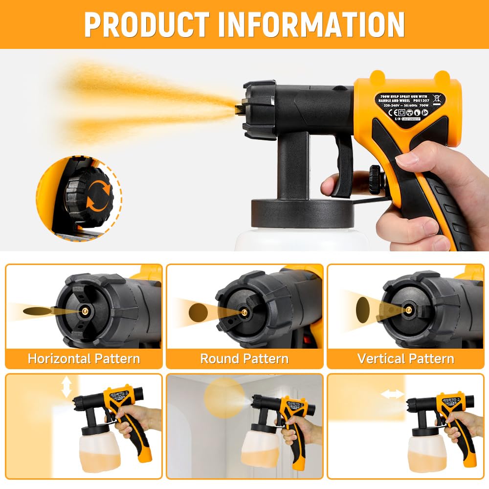 Hoteche Pistola a spruzzo elettrica HVLP da 700 W, 800 ml, ugello da 2,5 mm, 1000 ml/min, tubo da 3 m, spruzzatore di colore
