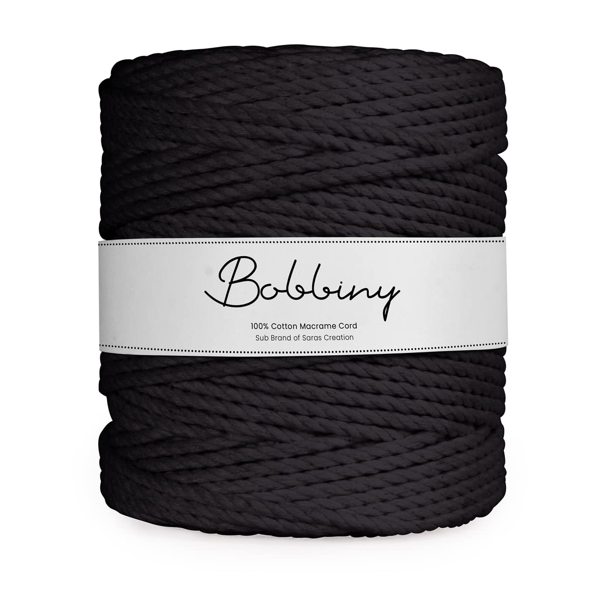 Bobbiny | 3 Ply Twisted Macrame Cotton Cord Dori (Roll Packaging) Thread for Macrame DIY and Other Projects | Black | 3mm,100 Meter