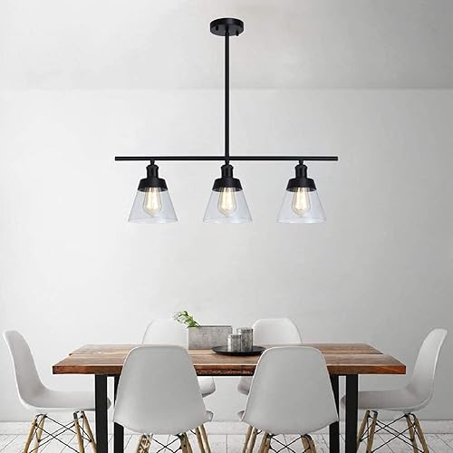 Miniatura 7 de Fivess Lighting Iluminación de Isla de Cocina Estilo Granja Negro de 3 Luces, Candelabro Lineal de Vidrio Texturizado Transparente, Varillas