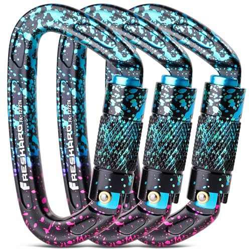 FresKaro UIAA Certified 25KN Auto Locking Climbing Carabiner Clips, Twist Lock, and Heavy Duty Carabiners for Rock Climbing, Rappelling, and Mountaineering, D Shaped (3PCS-Speckled)