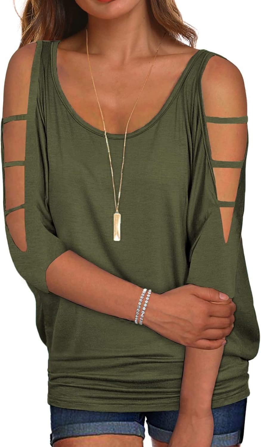 Miselon Women Cold Shoulder O-Neck Short Sleeve Loose Fit Summer Shirt Blouse Tops