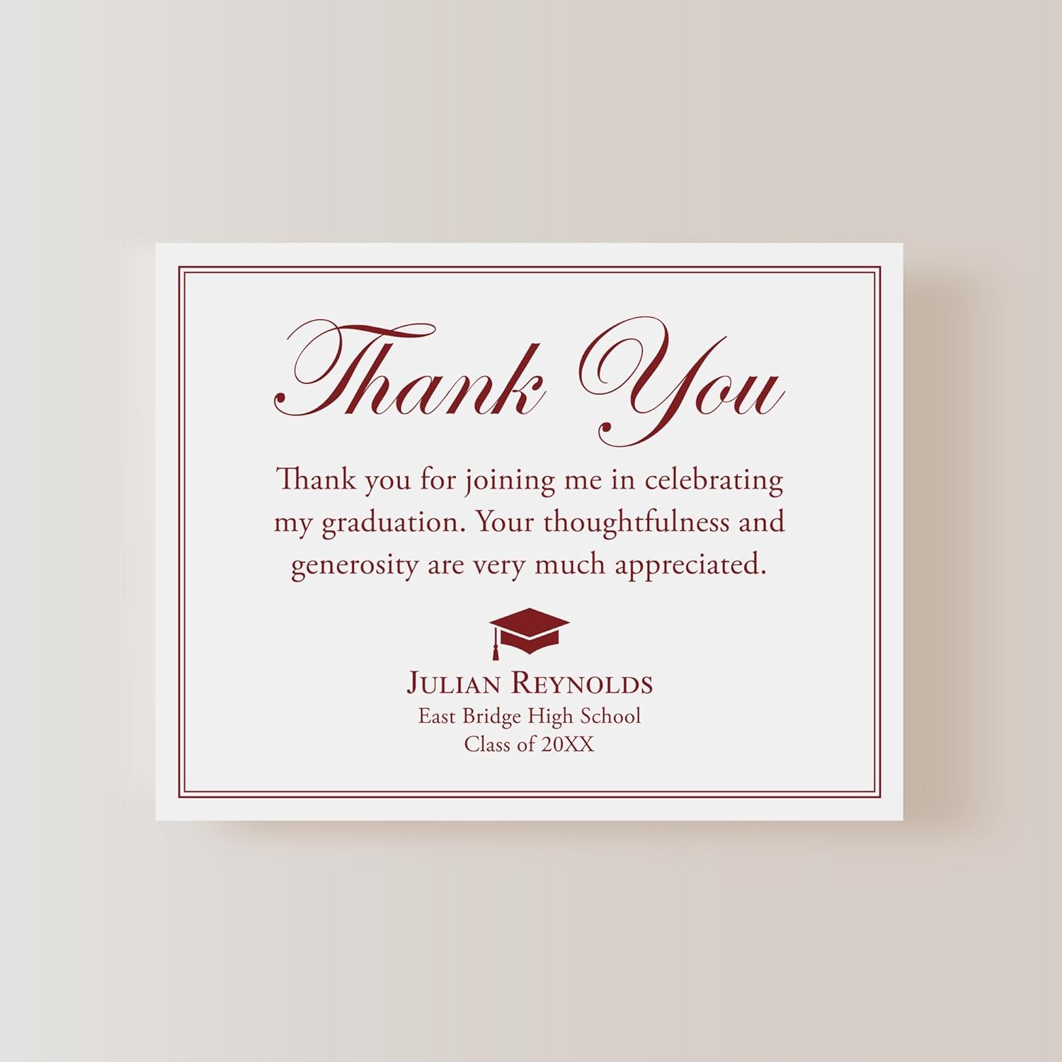 Graduation Thank You Cards Personalized with Name, 5.5x4.25 Flat Thank You Note Cards with Envelopes (Maroon Red)
