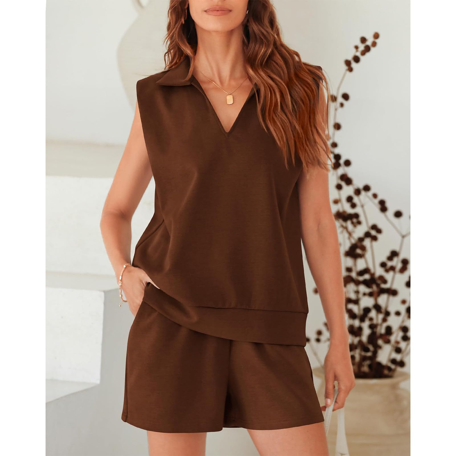 amropi Tuta da Estate Donna Collo a V Senza Maniche Top e Pantaloncini 2 Pezzi Sportivi Completi