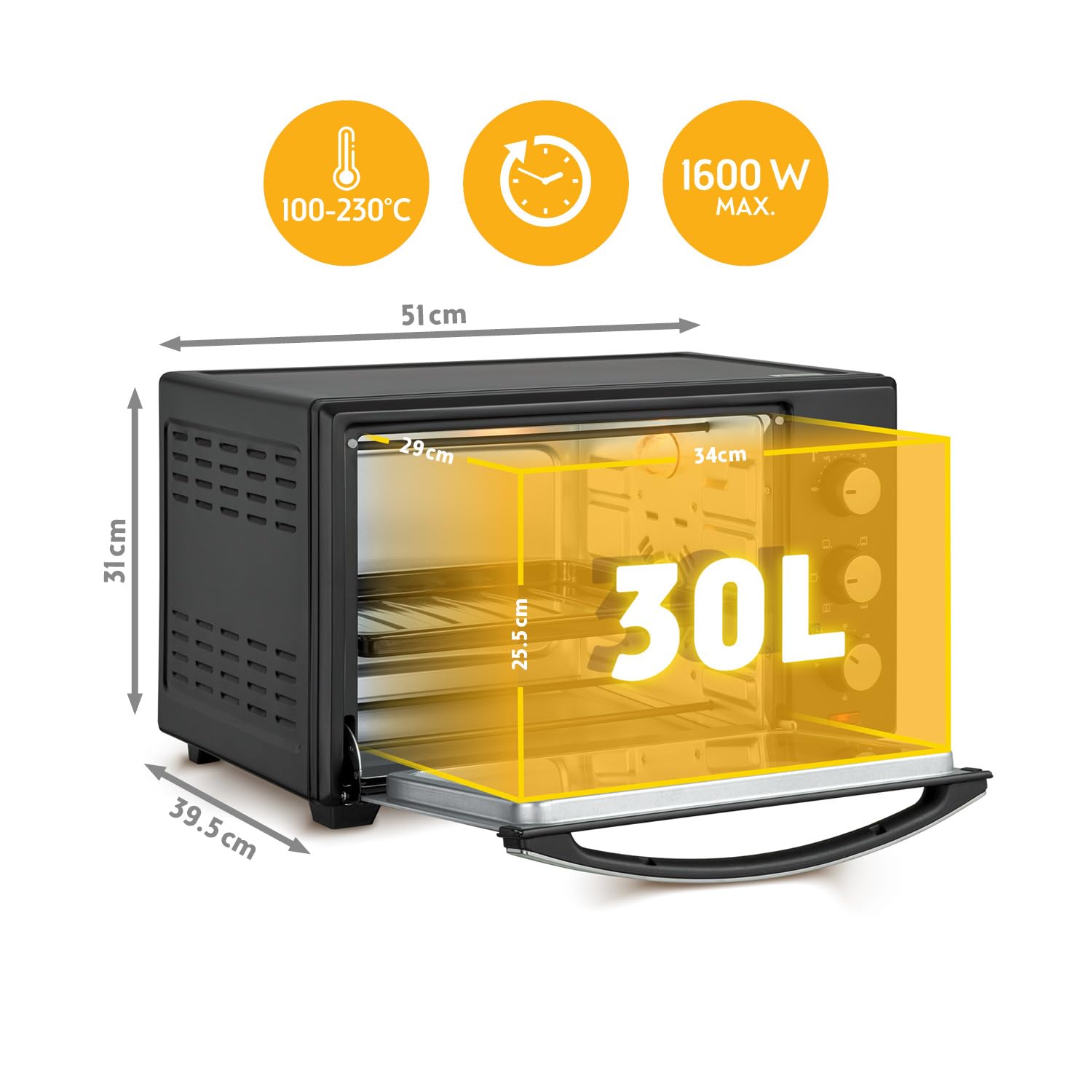 TZS First Austria - Minibackofen 30L 1600W - Mini Backofen stufenlose Temperaturregelung bis 230°C - Miniofen 60 Min. Timer, 3 Einschubhöhen, Backblech & Grillrost - Für kleine Küchen & Camping