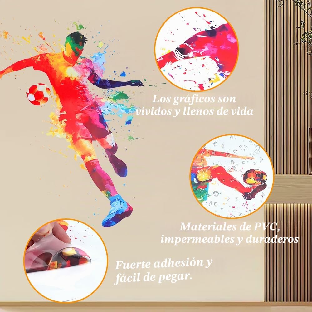 Pegatinas de pared de fútbol, 4 Juegos de Pegatinas de Fútbol Calcomanías Patada de Jugador de fútbol, Calcomanías Artísticas de Acuarela para Dormitorio Infantil Sala de Estar Decoración