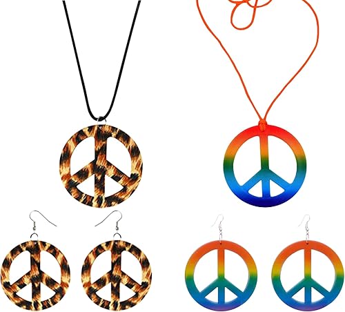 6P Hippie Accessories Costume 60s 70s Hippie Accessories Costume Peace Sign Rainbow Leopard Decor, Hippie Peace Sign Necklace Earrings