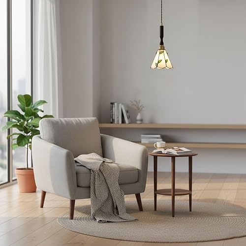 Miniatura 2 de Lámpara Colgante Estilo Tiffany Vintage, Vidrio Emplomado Patrón Hoja Verde, Acabado Latón y Madera, Cable Ajustable E27 Luz Cálida para Isla