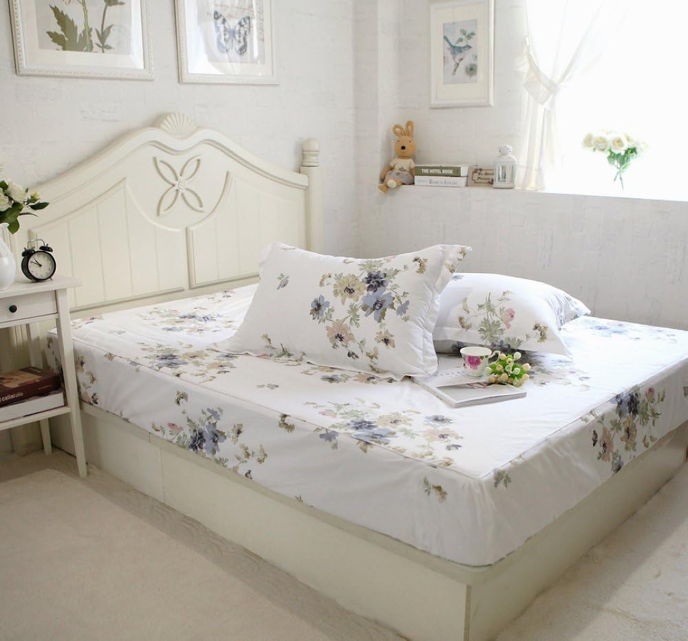 FADFAY Floral Bed Sheet Set 100% Cotton 4 Piece Shabby Style Bedding Set (Queen, White Floral)