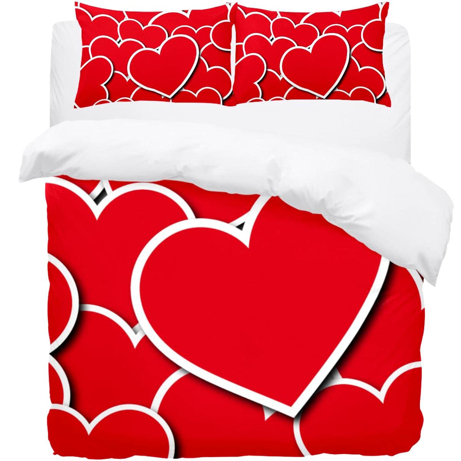 Parure de lit 3 pièces housse de couette 2 taies d'oreiller motif cœurs rouge lit double Queen King