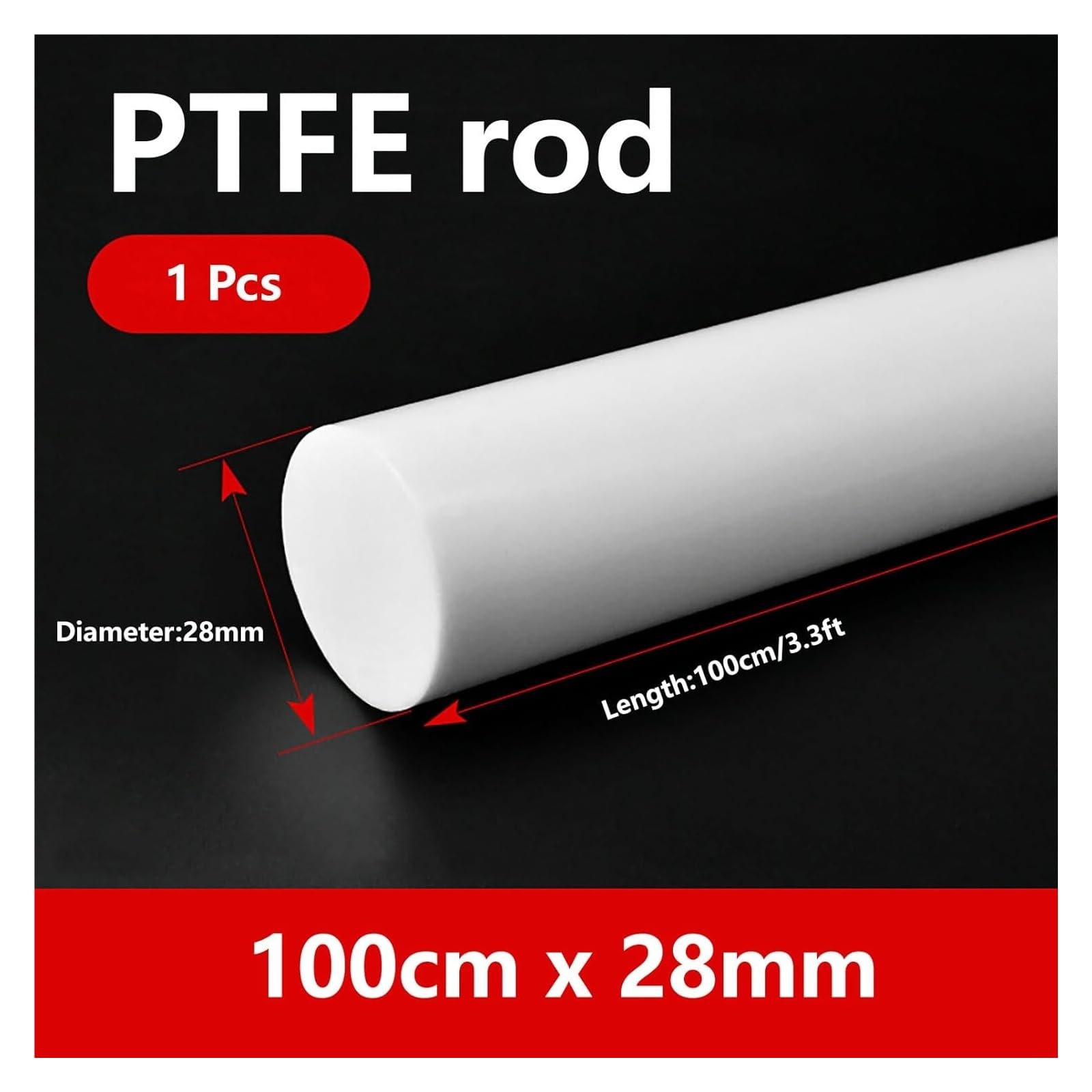 PTFE-Stab 100 cm, Teflon-Rundstab, weiß, massiver Kunststoff, bearbeitbar, chemikalienbeständig, antihaftbeschichtet, for industrielle Heimwerkerprojekte.(28mm)