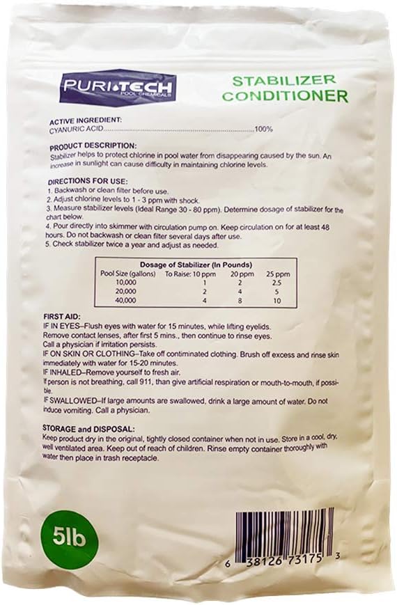 Puri Tech Pool Chemicals Stabilizer & Conditioner – 100% Cyanuric Acid for Pools and Spas, UV Protection for Chlorine Dissipation, Fast Acting - 5 lb
