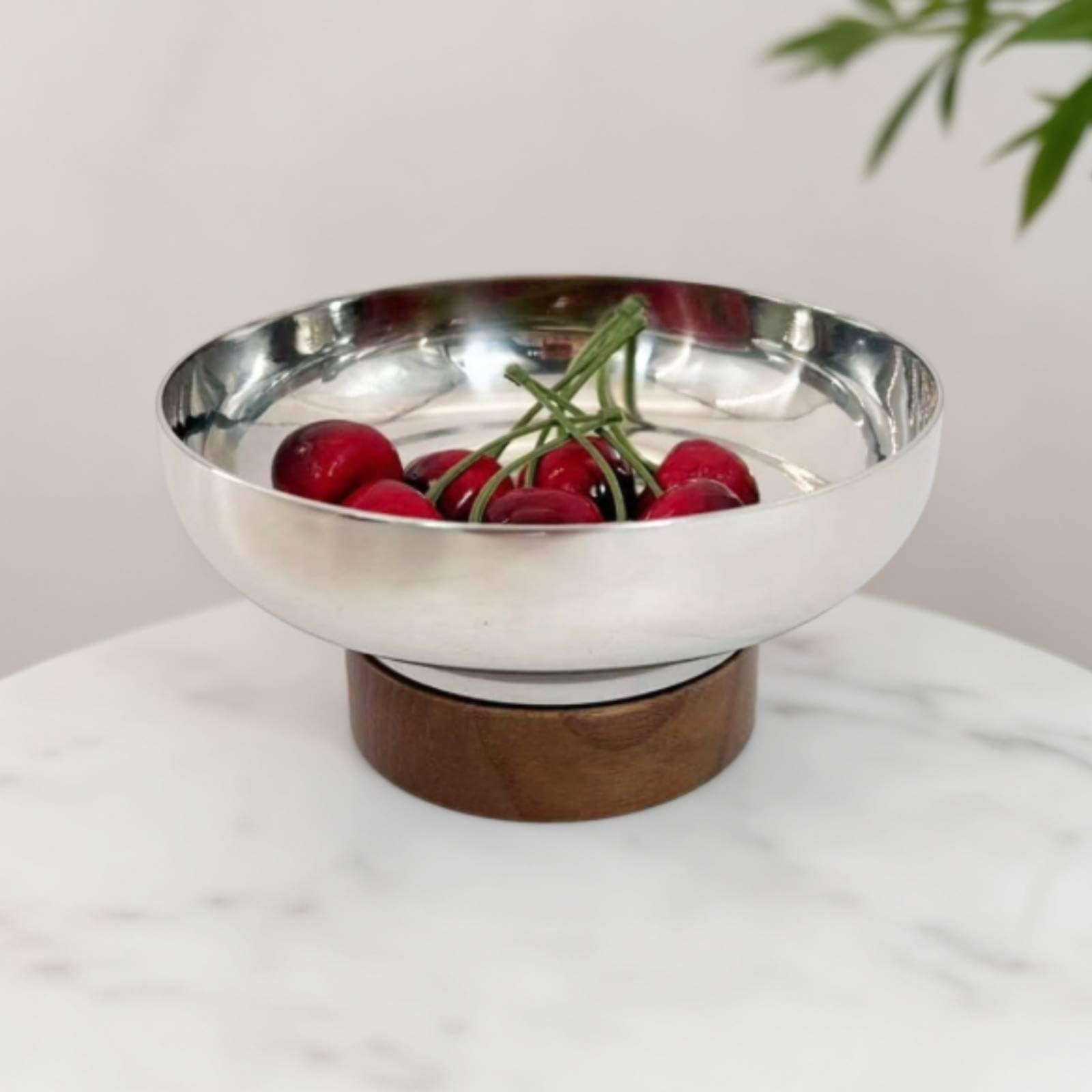 kowaku Alzata per Torte Vassoio Centrotavola Piatto Dolci Piatto Frutta in Acciaio Inox con Base in Legno Stile Essenziale Facile da Integrare Negli Arredi, Grande 25x9.5cm