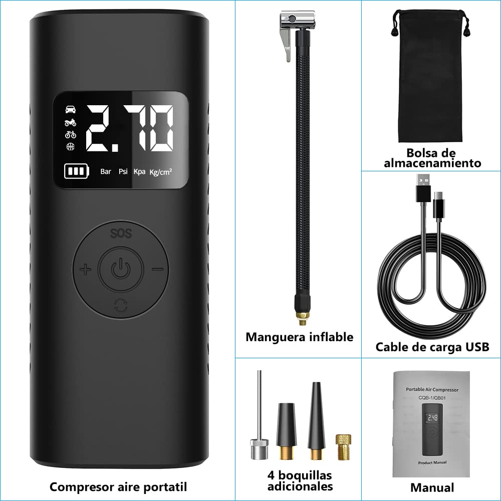 AWESAFE 7800mAh Compresor Aire Portatil 150PSI &Power Bank, Inflador Ruedas Coche con Pantalla LCD Digital y Linterna LED SOS, Bomba de Aire Bicicletas, Scooters, Moto, Coche, Pelotas