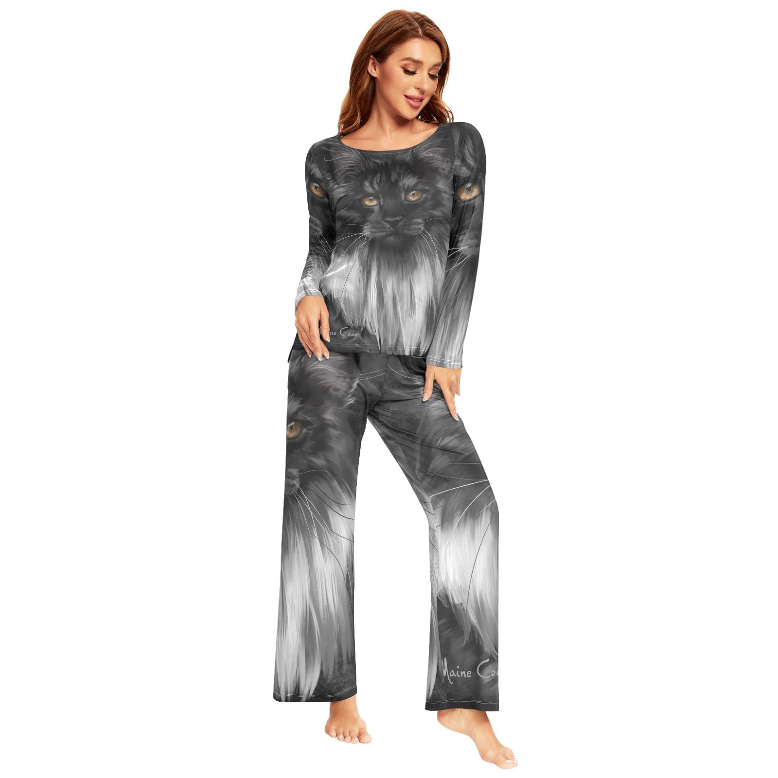 YOUJUNER Pyjamas Sets for Women, Black Maine Coon Cat Long Sleeve Sleepwear Loungewear Set Pjs Nightwear Set