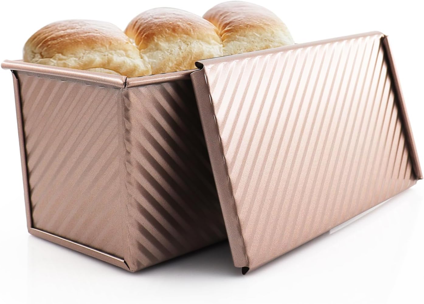 DRONGYE Bread Pans, Pullman Loaf Pan with Lid, 1Lb Dough Capacity Non-Stick Rectangle Corrugated Toast Box, Oven Dishwasher Safety (Champagne Gold)