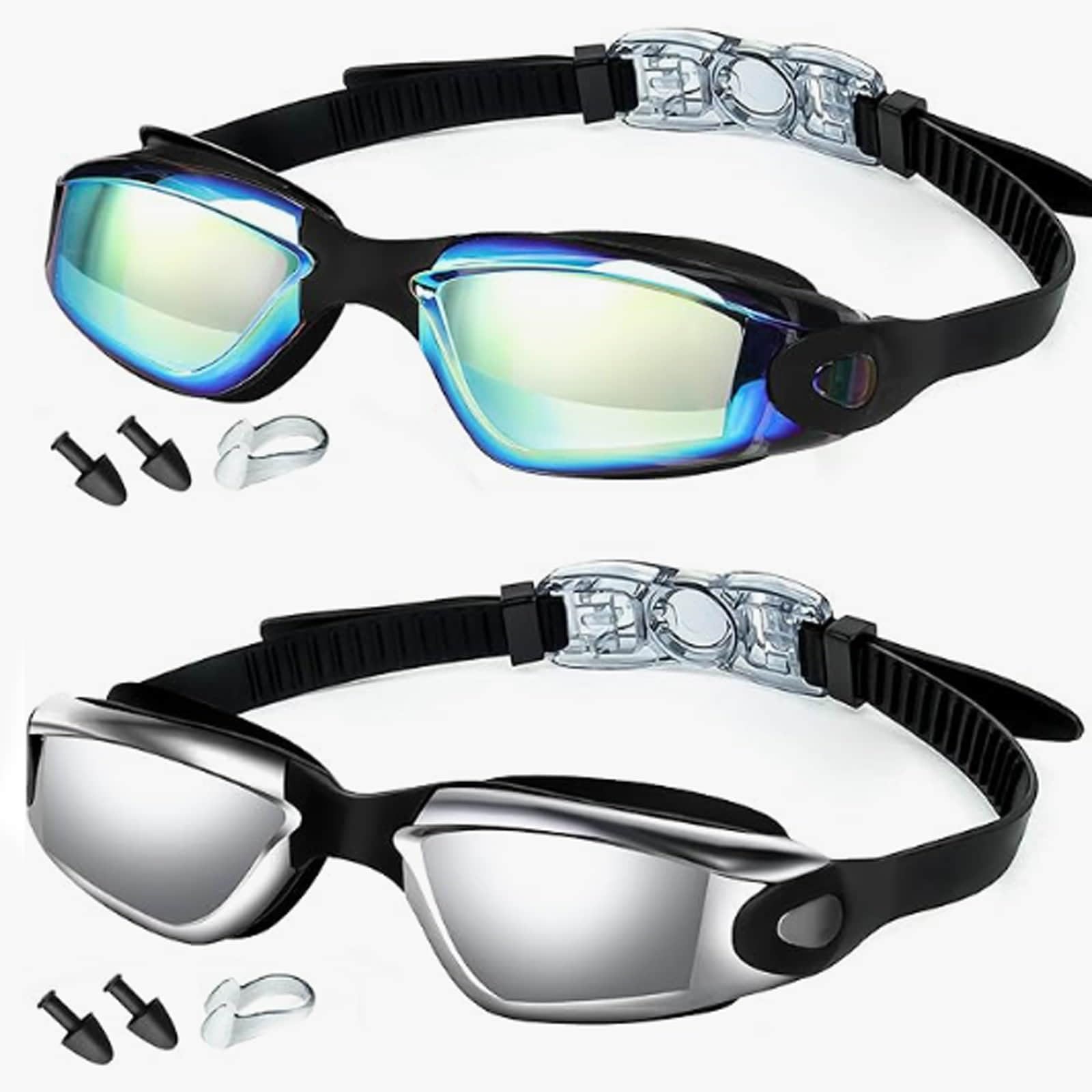 LMFERVER Swimming Goggles for Unisex Adult, 2 Packs Crystal Clear Swim Goggles with No Leaking, Anti Fog, UV Protection for Men, Women (Blue + Silver)