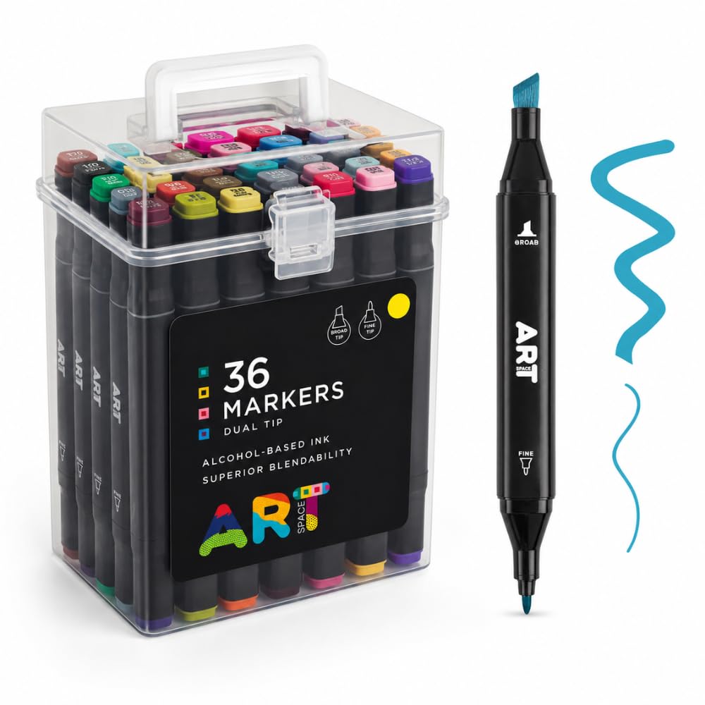 Artspace 36 Dual Tip Markers with Carrying Handle Fine & Broad Tip Colouring Pens for Adults Colouring Books Drawing Painting Sketching Highlighting