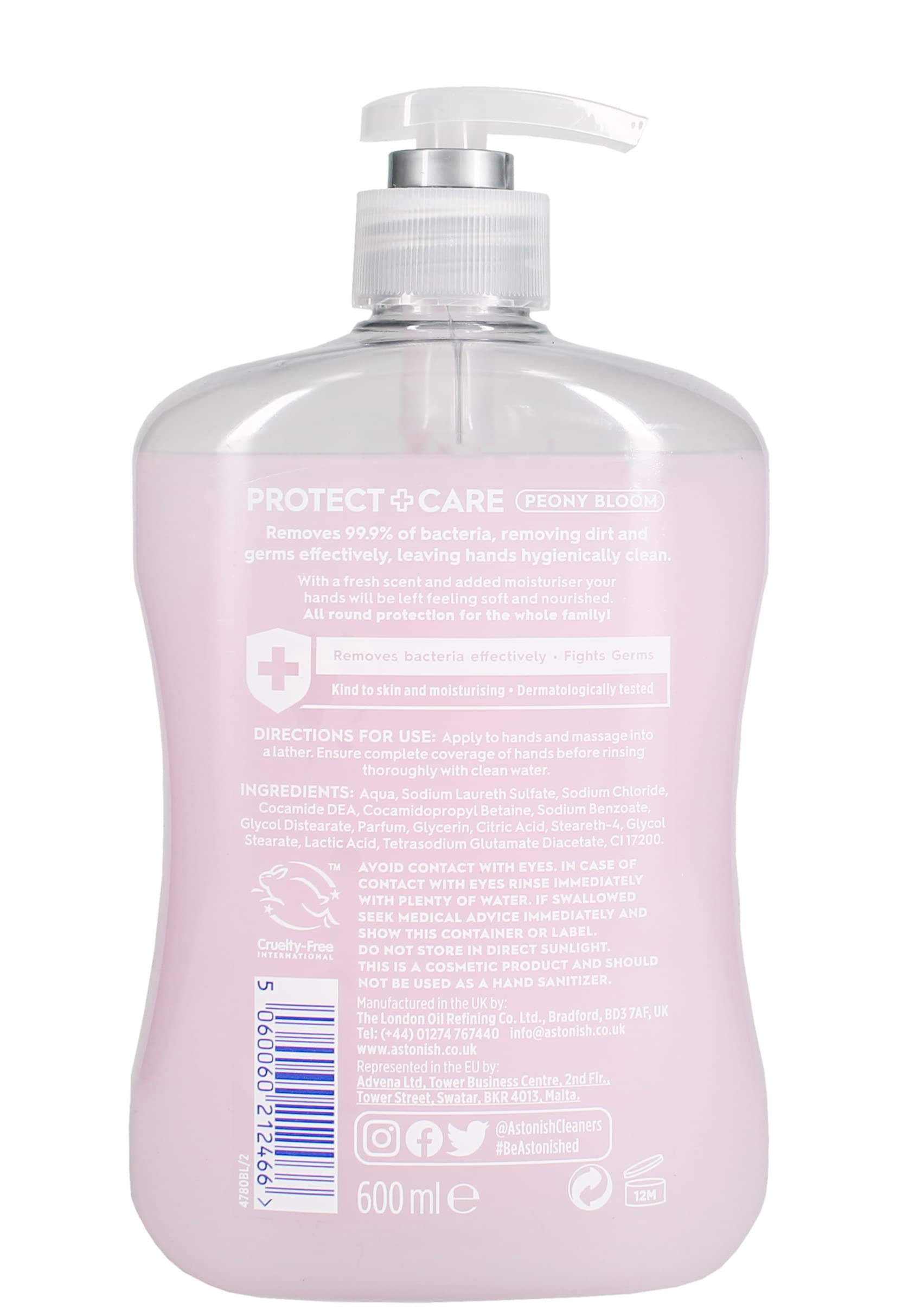 Astonish Protect and Care Kind to Skin Moisturising Anti-Bacterial Hand Wash Soap, Peony Bloom, 600ml - 3