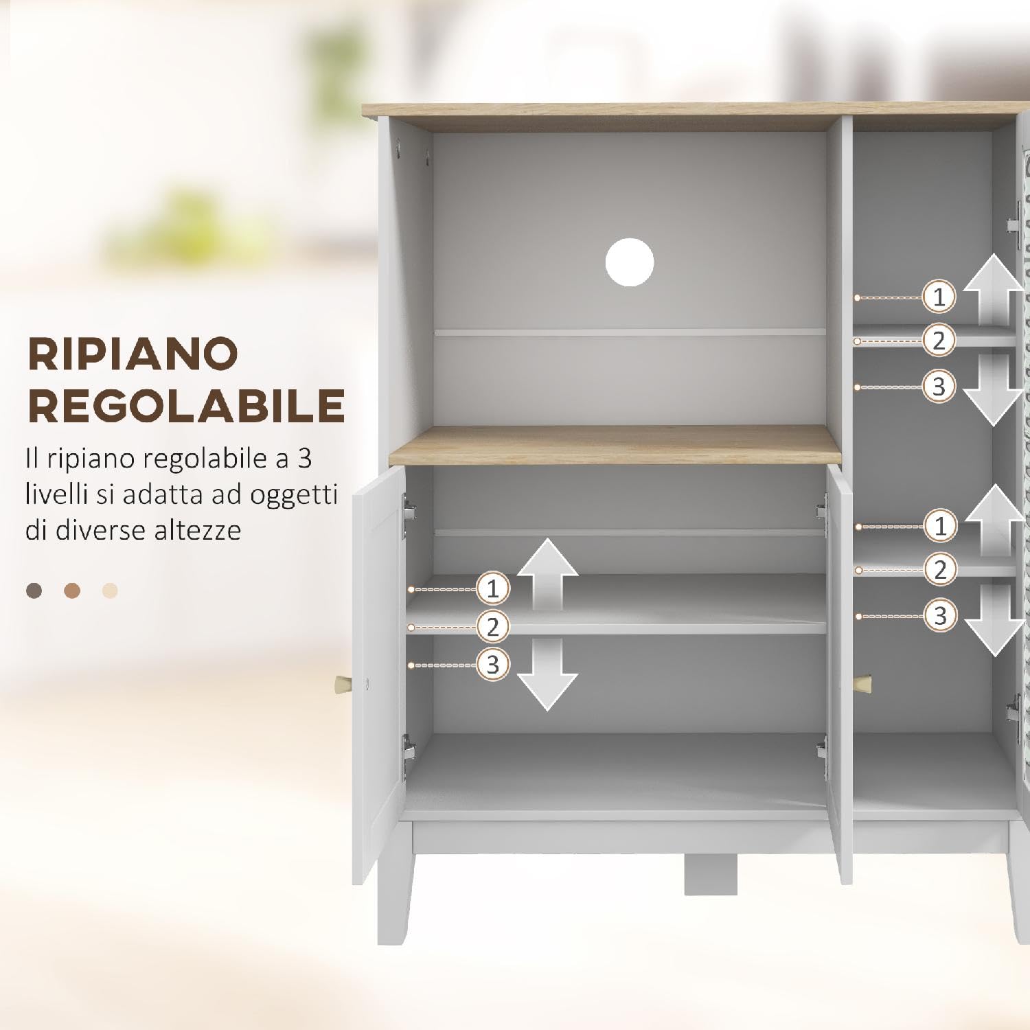 Credenza Cucina Bassa Rustica Mobile Cucina Vano Porta-Microonde 3 Ante Dimensioni 80x35x97 cm Bianco