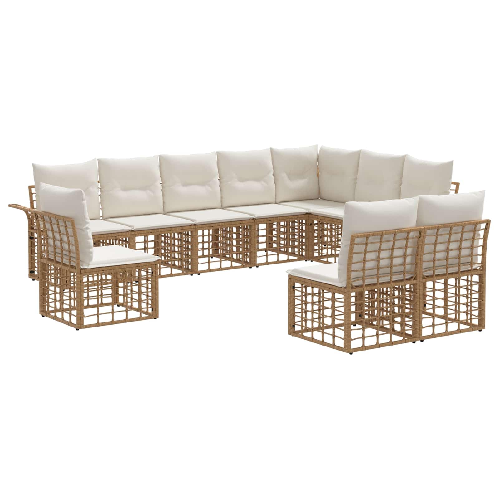 Juego de 10 sofás de exterior modulares de jardín de polirratán con marco de acero, conjunto de asientos para terraza y jardín, incluye cojines, color natural y crema