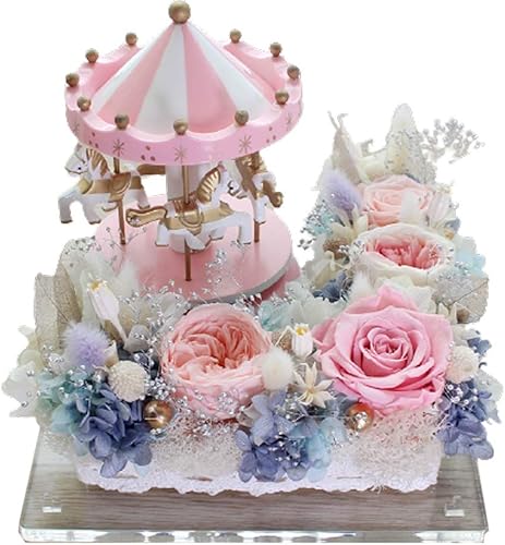 BAUBUY Rosa preservada Carrusel - Caja de regalo de flores preservadas preservadas para aniversario, madre, novia, creatividad, festival, adornos de