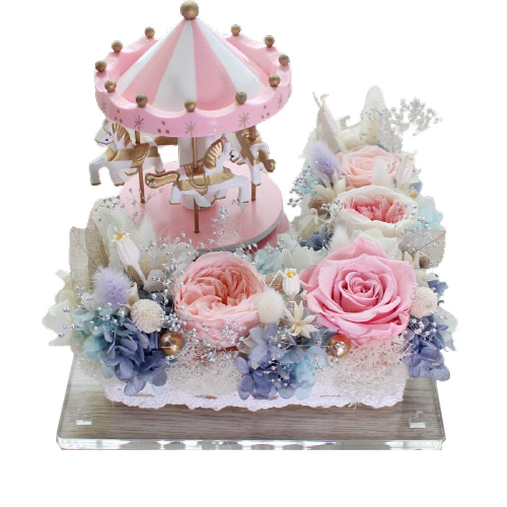 Preserved rose Carousel Preserved Flower Gift Box Preserved Real Rose Anniversary Mother Girlfriend Creativity Festival Gift Ornaments Eternal Rose (Color : A)