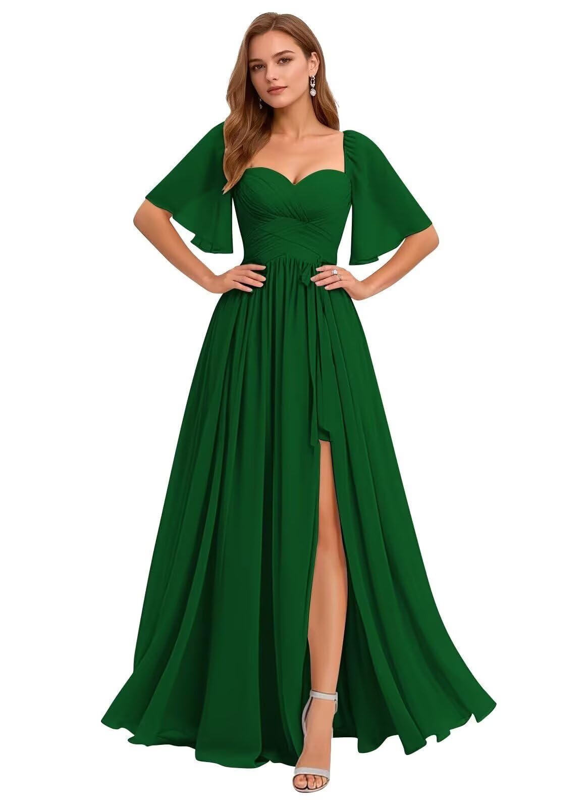Fulbymu Chiffon Long Bridesmaid Dresses for Women A Line Flutter Sleeve Formal Evening Gowns with Slit Ruffle Prom Dress