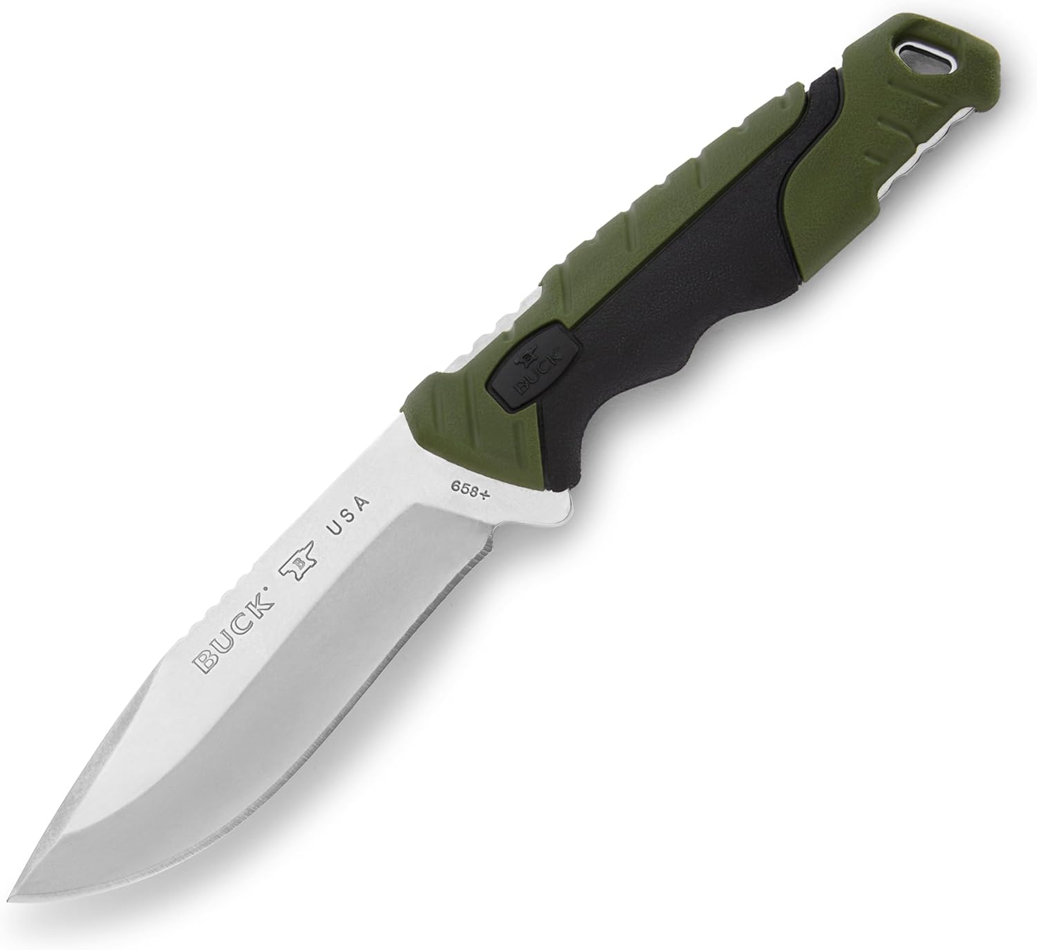 Buck Knives 658 Small Pursuit Hunting Knife, 3-3/4" Fixed Blade, Glass Filled Nylon Handle, 420HC Stainless Steel Drop Point Blade, Sheath Included, Knife Made in the USA, Green, 3.3 oz