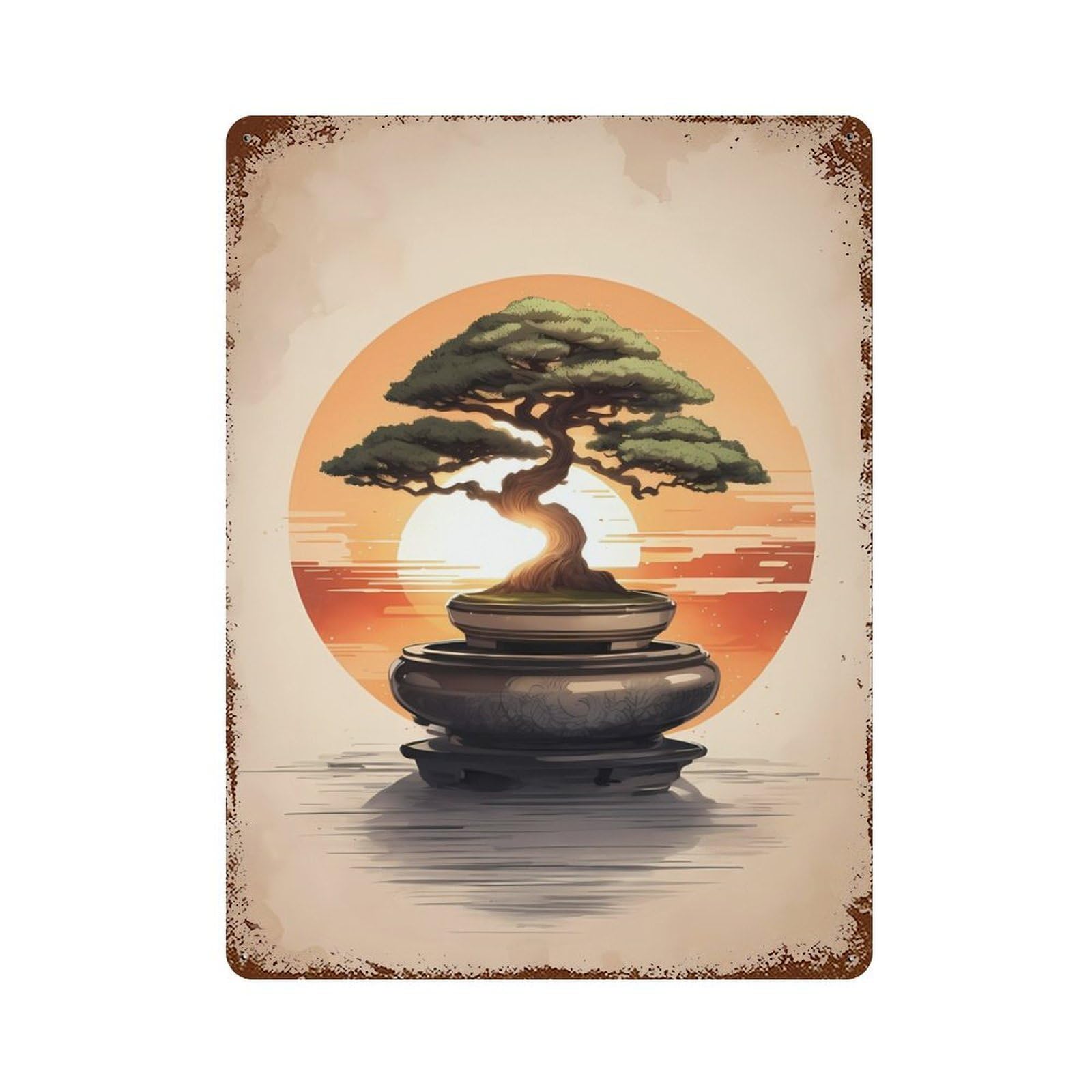 Bonsai Sunset Rustic Tin Plaque 15.7"x11.8", for Shed, Workshop And Garage Wall Decor, Shabby Chic Decor
