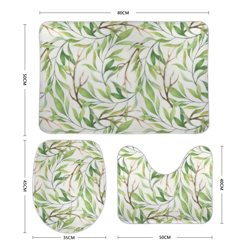 QAZPL Nuansexi Bathroom Rug Sets Green Leaves Dry Branches Spring Bath Toilet Rugs Set 3 Piece Anti Slip U-Shape Contour Toilet Mat Coral Velvet Absorbent Machine Washable Bathroom Toilet Decor