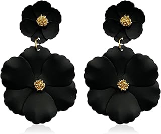 Elegant Chic Large Metal White Flower Dangle Earrings Bohemian Layered Floral Petal Drop Earrings Statement Hypoallergenic Red Flower Stud Earring for Women Girls Wedding Jewelry Gifts