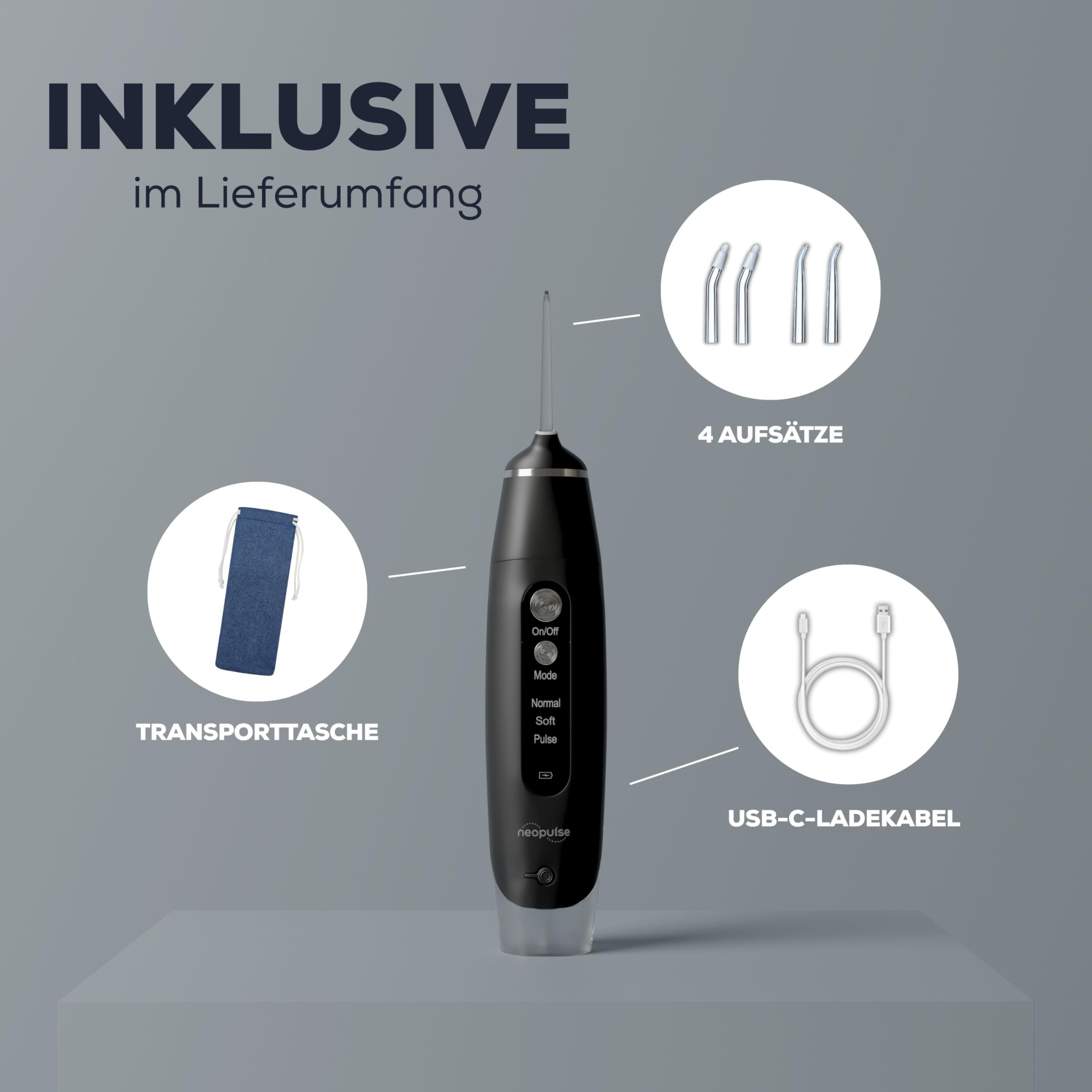 NEOPULSE MY FIRST® Munddusche – kabelloser elektrischer Wasserflosser – Zahnzwischenraumreiniger mit 3 Modi – USB wiederaufladbar – für Zahnzwischenräume, Zahnspangen & Implantate – Schwarz | 3 Modi – 4 Aufsätze – ideal für Anfänger & empfindliches Zahnfl