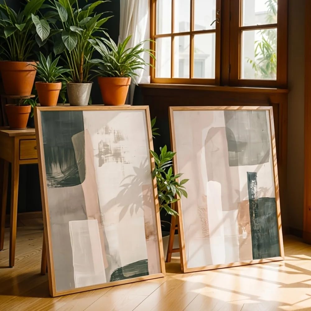 LTjiajuypd Quadro astratto su tela, beige e verde, stile moderno e bohémien, ideale per arredare soggiorno e camera da letto (60x80 cm - 2 pezzi)