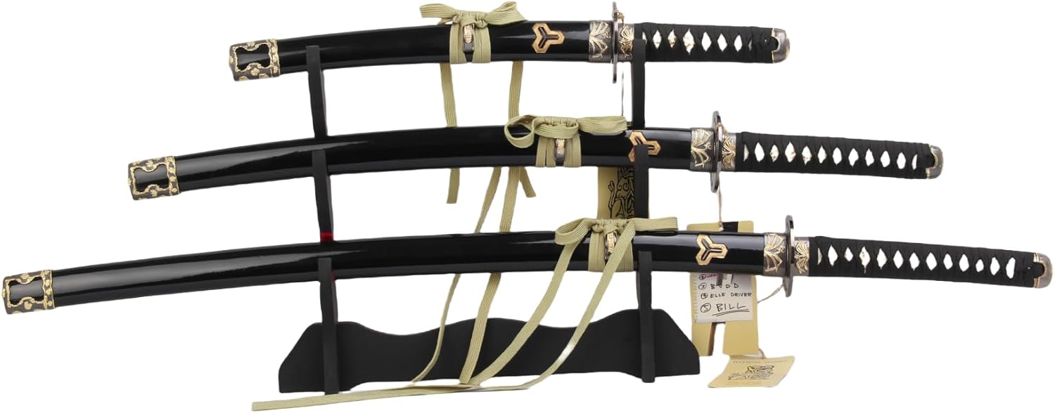 Sword Valley Kill Bill Premium Movie-Style Samurai Sword 3-Piece Set with 3-Tier Display Stand – Engraved Scabbards, Stainless Steel Blades, Waxed Cotton Handle (37.4"+30.7"+19.3")