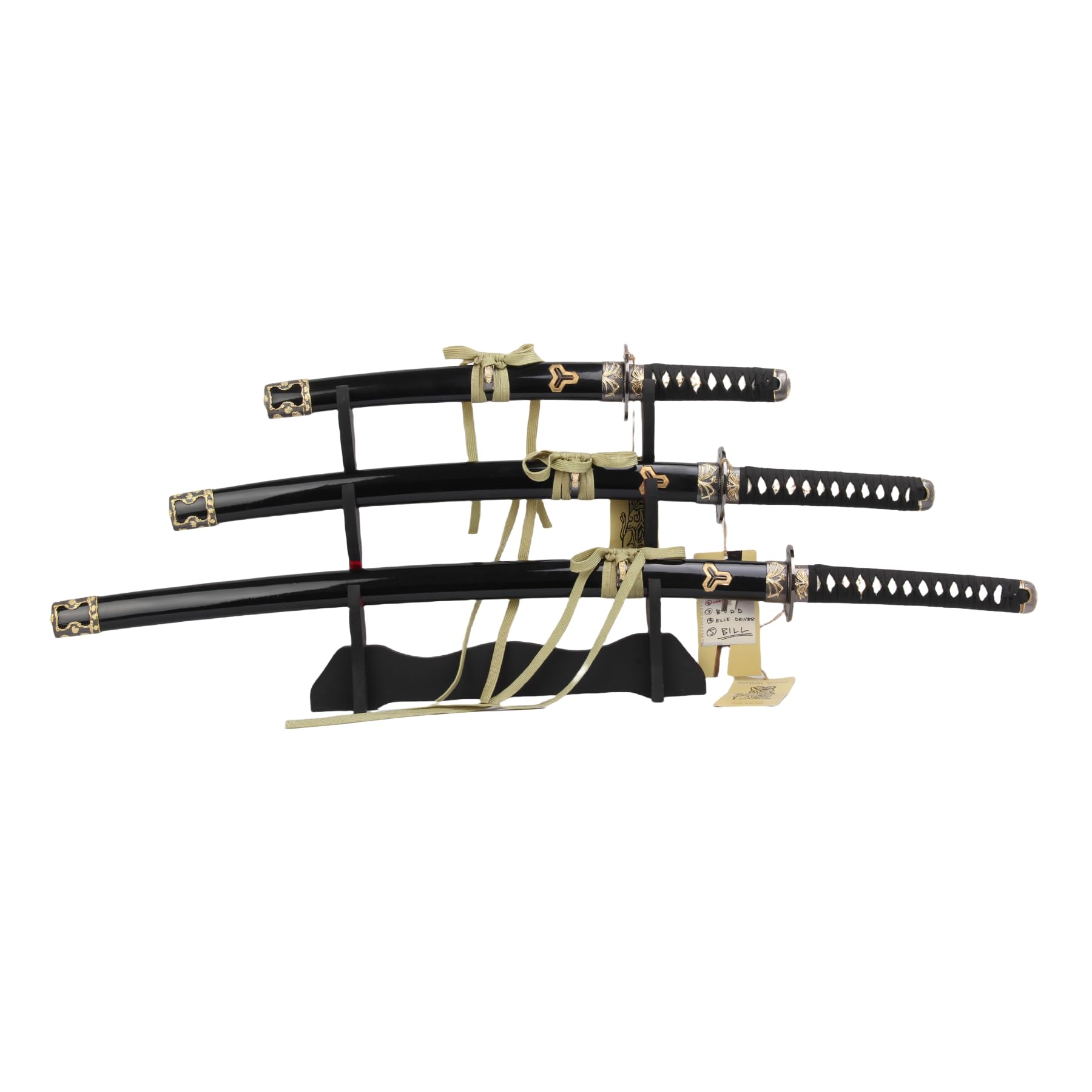 Sword Valley Kill Bill Premium Movie-Style Samurai Sword 3-Piece Set with 3-Tier Display Stand – Engraved Scabbards, Stainless Steel Blades, Waxed Cotton Handle (37.4"+30.7"+19.3")